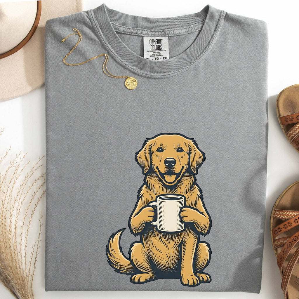 Golden Retriever Shirt Dog Cappuccino Gift Women Sketch Tee Retriever T-Shirt Dog Fan Drawing Design Coffee Tshirt Cartoon Tea Cup Tshirt