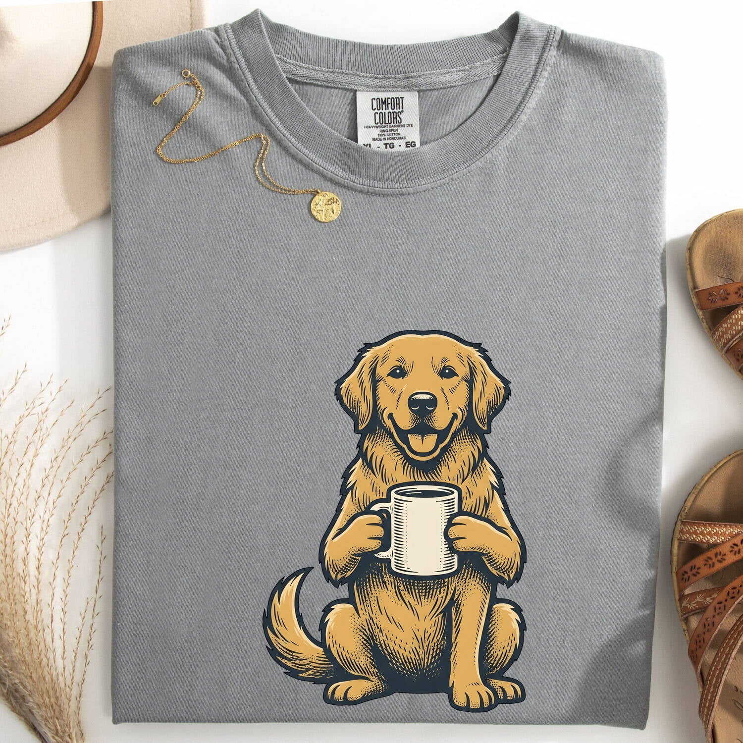 Golden Retriever Shirt Dog Cappuccino Gift Women Sketch Tee Retriever T-Shirt Dog Fan Drawing Design Coffee Tshirt Cartoon Tea Cup Tshirt