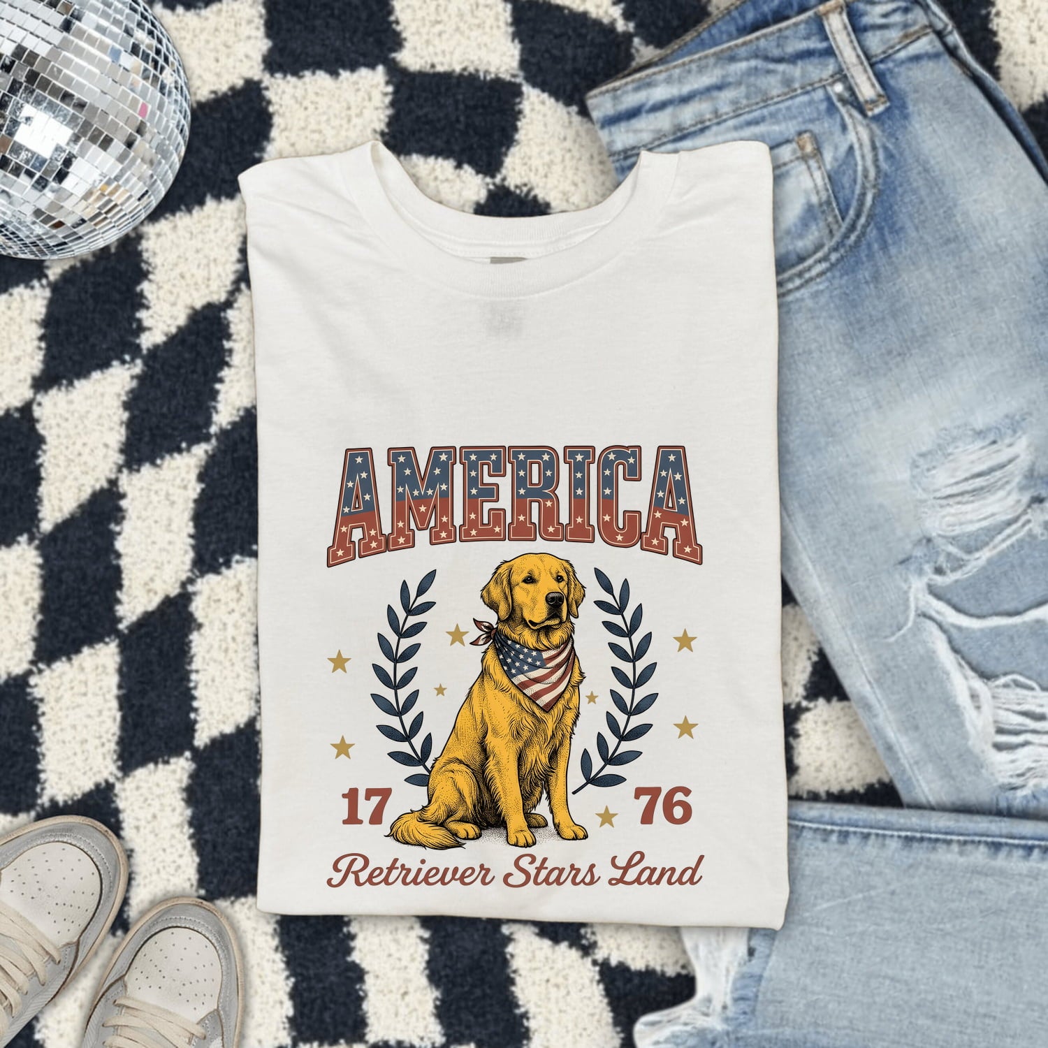 Golden Retriever Shirt 4th Of July Animal Gift Women Sketch Tee Retriever T-Shirt Independence Fan Drawing Graphic Cartoon Crown Tshirt