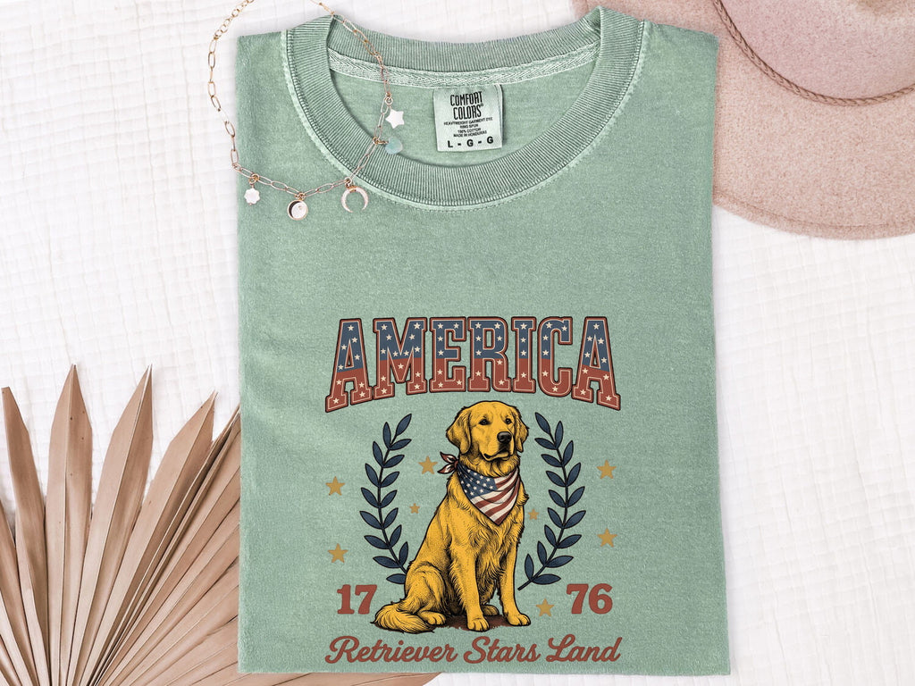 Golden Retriever Shirt 4th Of July Animal Gift Women Sketch Tee Retriever T-Shirt Independence Fan Drawing Graphic Cartoon Crown Tshirt