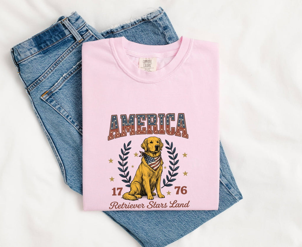 Golden Retriever Shirt 4th Of July Animal Gift Women Sketch Tee Retriever T-Shirt Independence Fan Drawing Graphic Cartoon Crown Tshirt