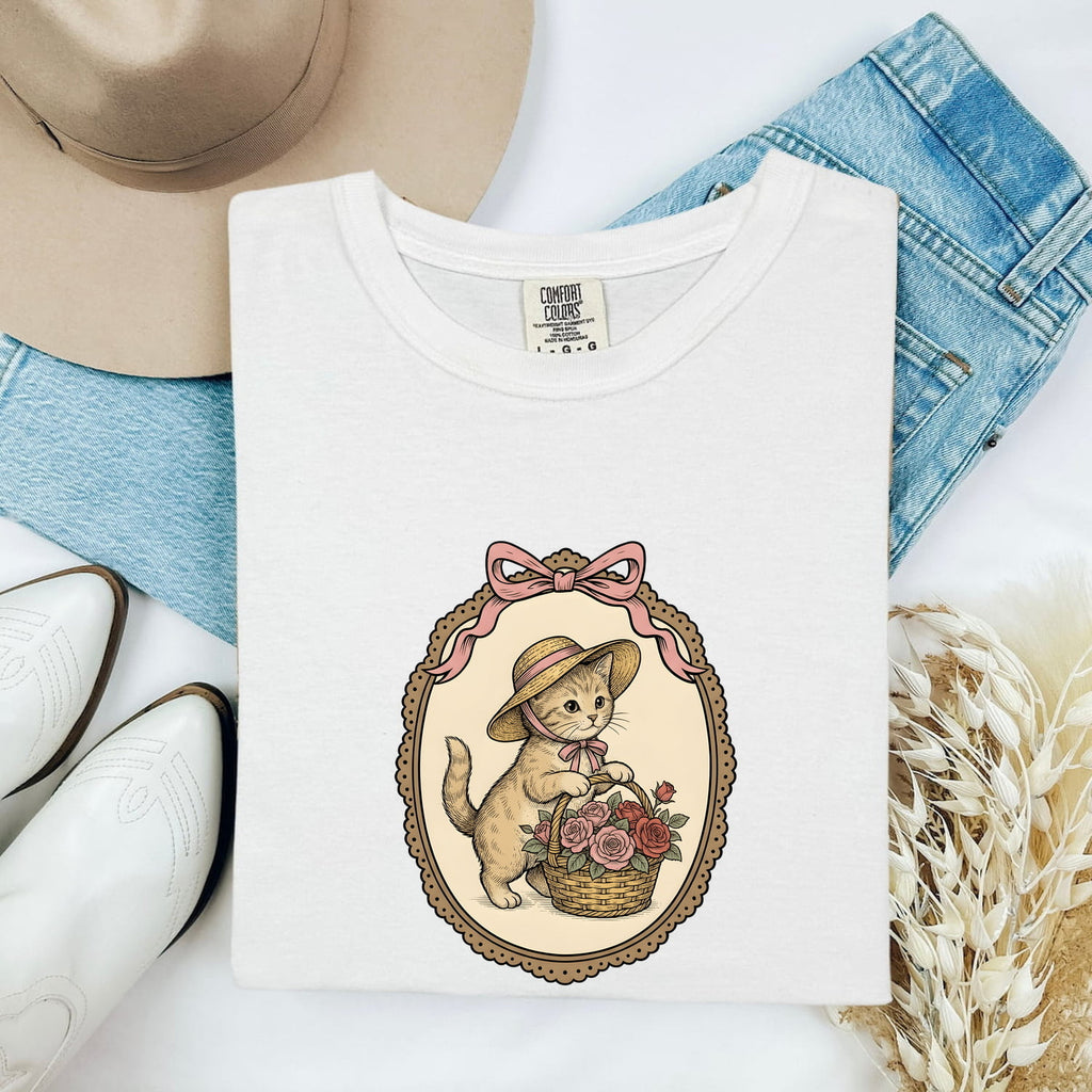 Kitten Basket Shirt Cat Garden Gift Women Vintage Tee Cat Bed T-Shirt Cat Fan Feline Tshirt Floral Graphic Line Art Roses Tshirt