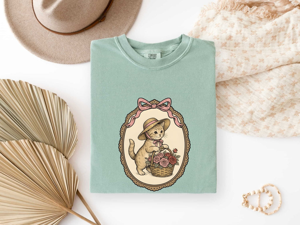 Kitten Basket Shirt Cat Garden Gift Women Vintage Tee Cat Bed T-Shirt Cat Fan Feline Tshirt Floral Graphic Line Art Roses Tshirt
