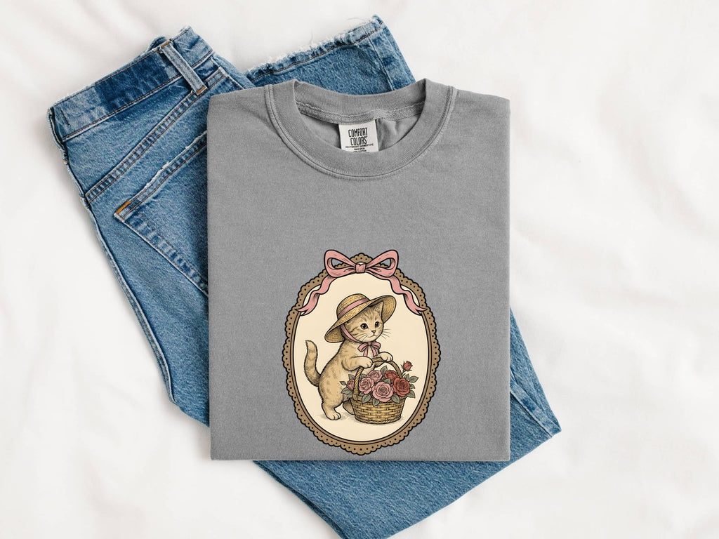 Kitten Basket Shirt Cat Garden Gift Women Vintage Tee Cat Bed T-Shirt Cat Fan Feline Tshirt Floral Graphic Line Art Roses Tshirt