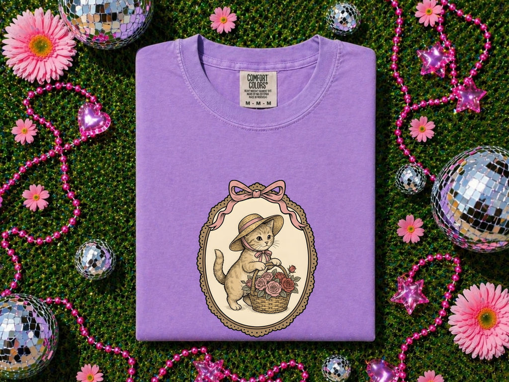 Kitten Basket Shirt Cat Garden Gift Women Vintage Tee Cat Bed T-Shirt Cat Fan Feline Tshirt Floral Graphic Line Art Roses Tshirt