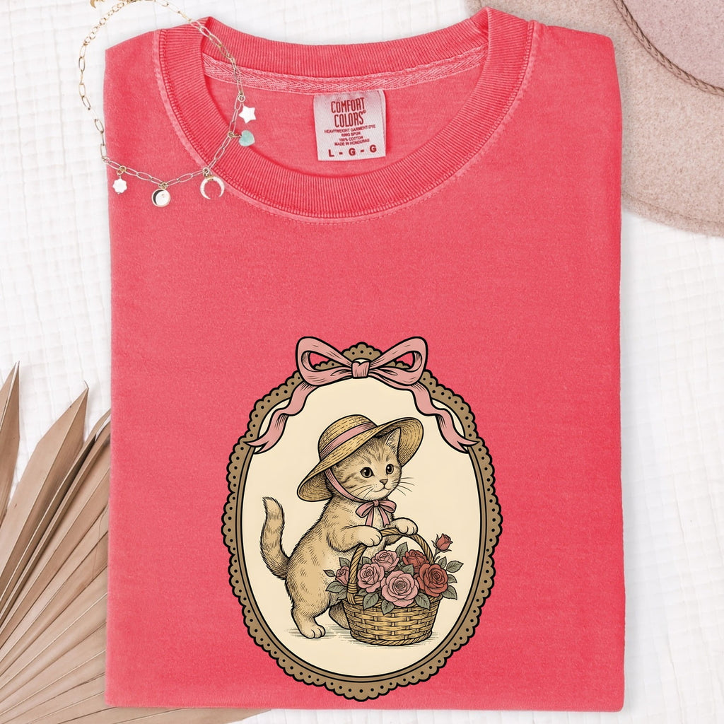 Kitten Basket Shirt Cat Garden Gift Women Vintage Tee Cat Bed T-Shirt Cat Fan Feline Tshirt Floral Graphic Line Art Roses Tshirt