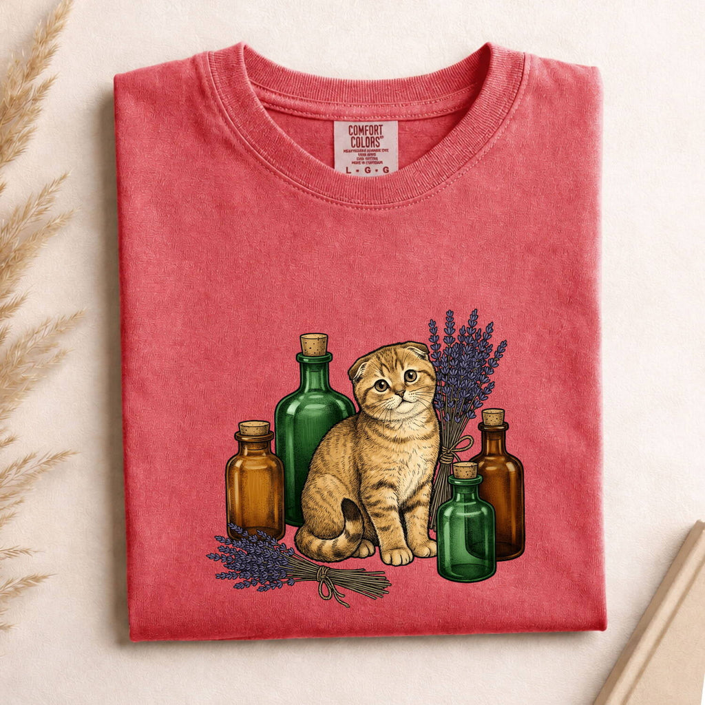 Tabby Cat Shirt Cat Floral Gift Women Vintage Tee Kitty Cat T-Shirt Feline Fan Retro Tshirt Botanical Graphic Hand Drawn Lavender Tshirt