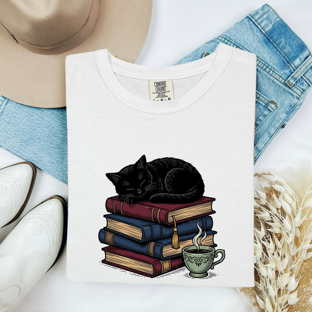 Black Feline Shirt Cat Literature Gift Women Line Art Tee Cat T-Shirt Cat Fan Feline Art Tshirt Book Graphic Classic Book Stack Tshirt