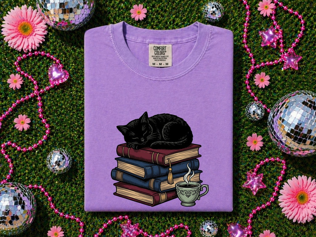Black Feline Shirt Cat Literature Gift Women Line Art Tee Cat T-Shirt Cat Fan Feline Art Tshirt Book Graphic Classic Book Stack Tshirt