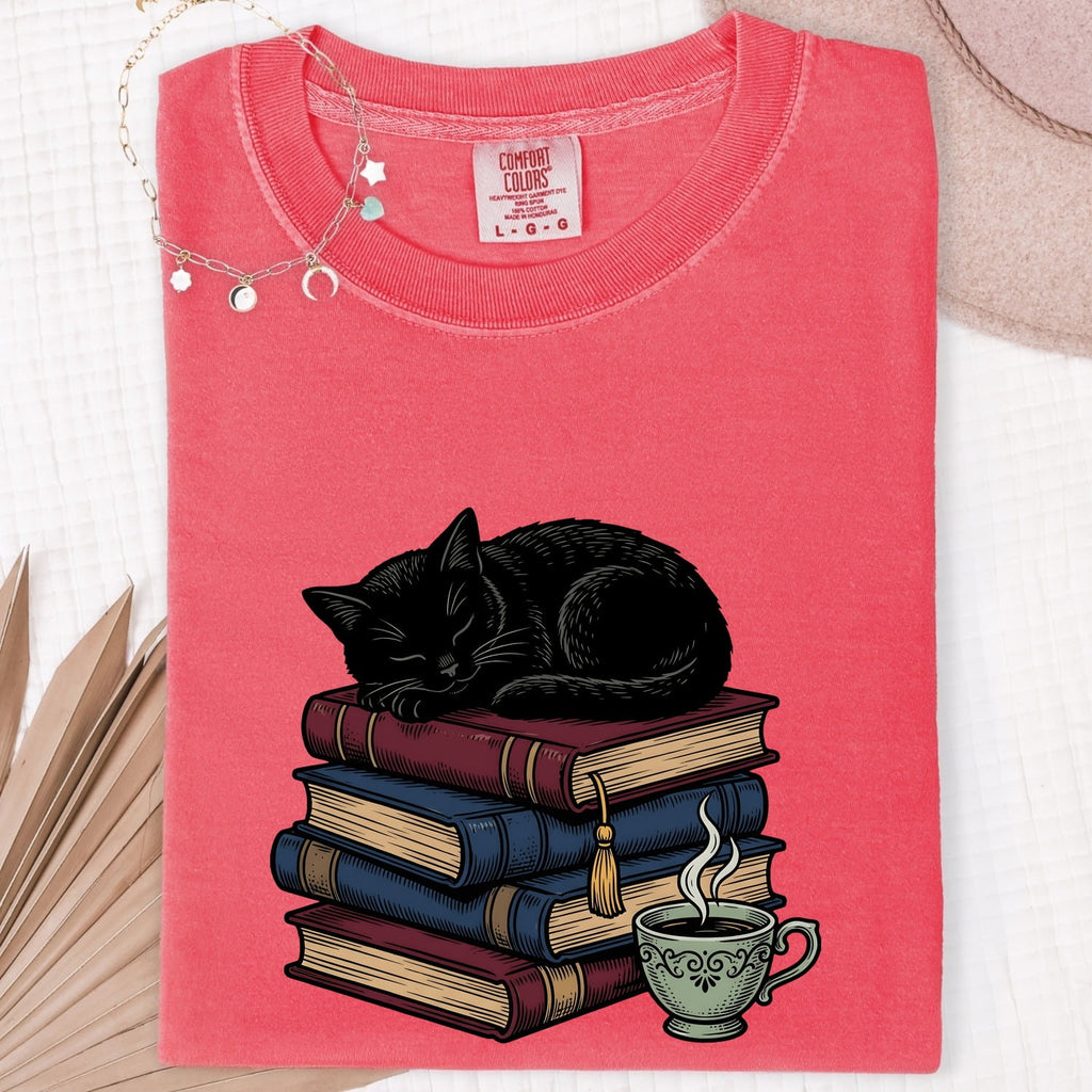Black Feline Shirt Cat Literature Gift Women Line Art Tee Cat T-Shirt Cat Fan Feline Art Tshirt Book Graphic Classic Book Stack Tshirt