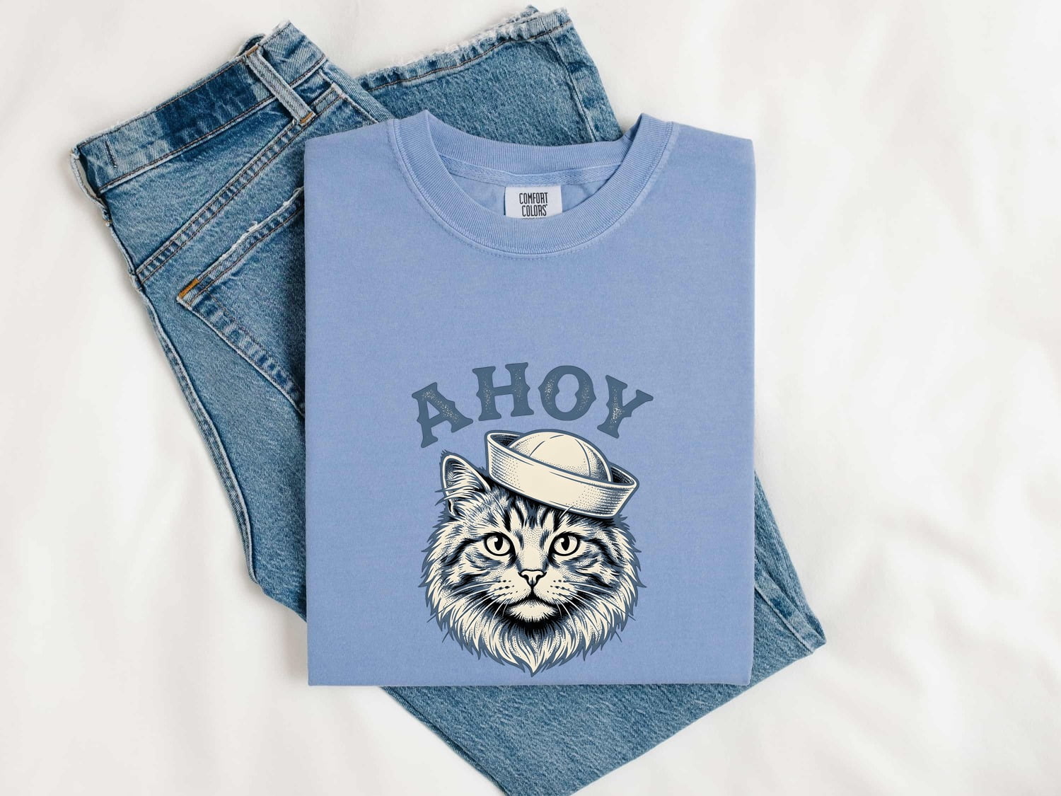 Sailor Cat Shirt Cat Nautical Gift Women Vintage Tee Kitty Cat T-Shirt Cat Fan Retro Tshirt Maritime Graphic Hand Drawn Sailor Hat Tshirt