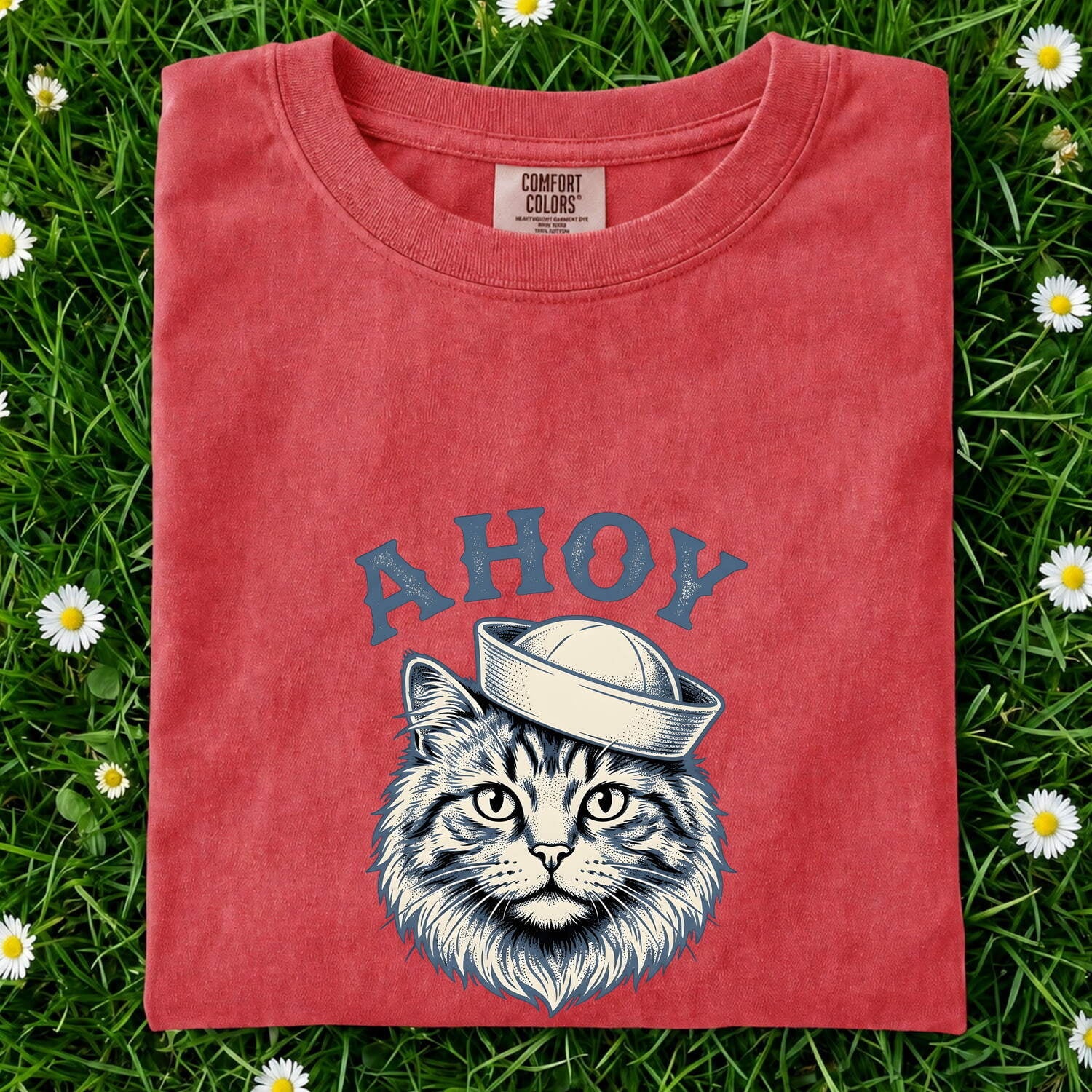 Sailor Cat Shirt Cat Nautical Gift Women Vintage Tee Kitty Cat T-Shirt Cat Fan Retro Tshirt Maritime Graphic Hand Drawn Sailor Hat Tshirt