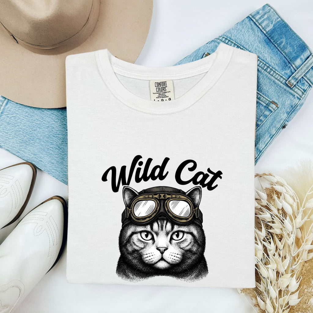 Feline Goggles Shirt Cat Wildlife Gift Women Old School Tee Cat Goggles T-Shirt Cat Fan Kitty Graphic Tshirt Wildlife Illustration Ink