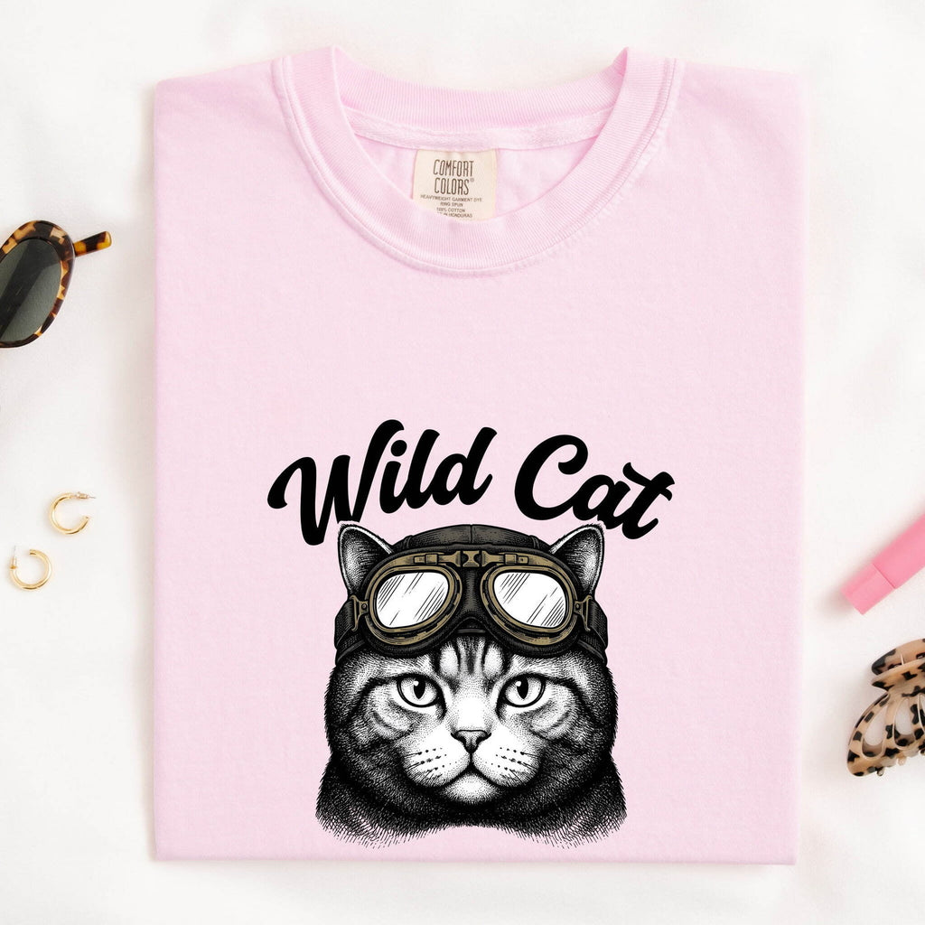 Feline Goggles Shirt Cat Wildlife Gift Women Old School Tee Cat Goggles T-Shirt Cat Fan Kitty Graphic Tshirt Wildlife Illustration Ink