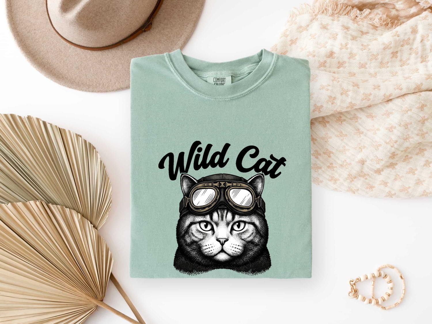Feline Goggles Shirt Cat Wildlife Gift Women Old School Tee Cat Goggles T-Shirt Cat Fan Kitty Graphic Tshirt Wildlife Illustration Ink