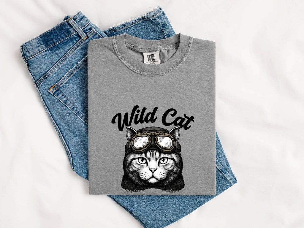 Feline Goggles Shirt Cat Wildlife Gift Women Old School Tee Cat Goggles T-Shirt Cat Fan Kitty Graphic Tshirt Wildlife Illustration Ink