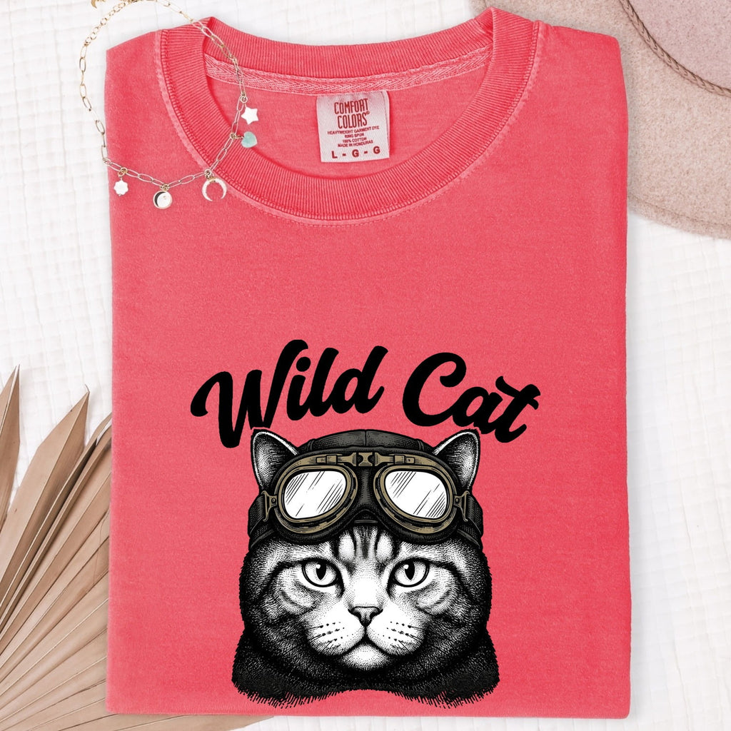 Feline Goggles Shirt Cat Wildlife Gift Women Old School Tee Cat Goggles T-Shirt Cat Fan Kitty Graphic Tshirt Wildlife Illustration Ink