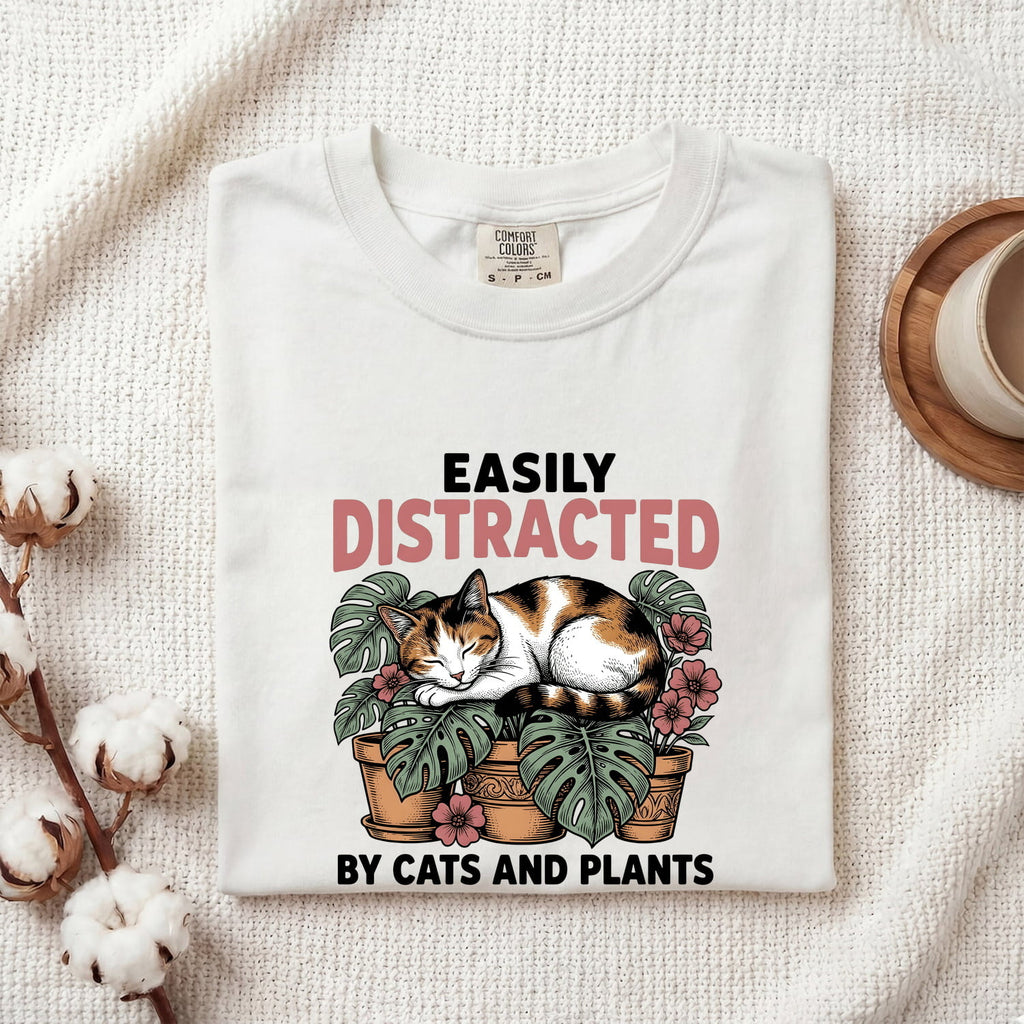 Dozing Cat Shirt Cat Landscaping Gift Women Antique Tee Kitten T-Shirt Cat Fan Feline Tshirt Garden Design Outline Palm Leaves Tshirt