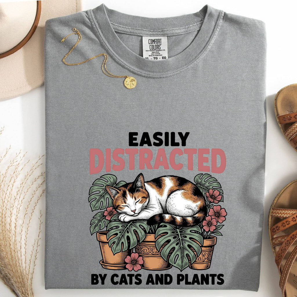 Dozing Cat Shirt Cat Landscaping Gift Women Antique Tee Kitten T-Shirt Cat Fan Feline Tshirt Garden Design Outline Palm Leaves Tshirt