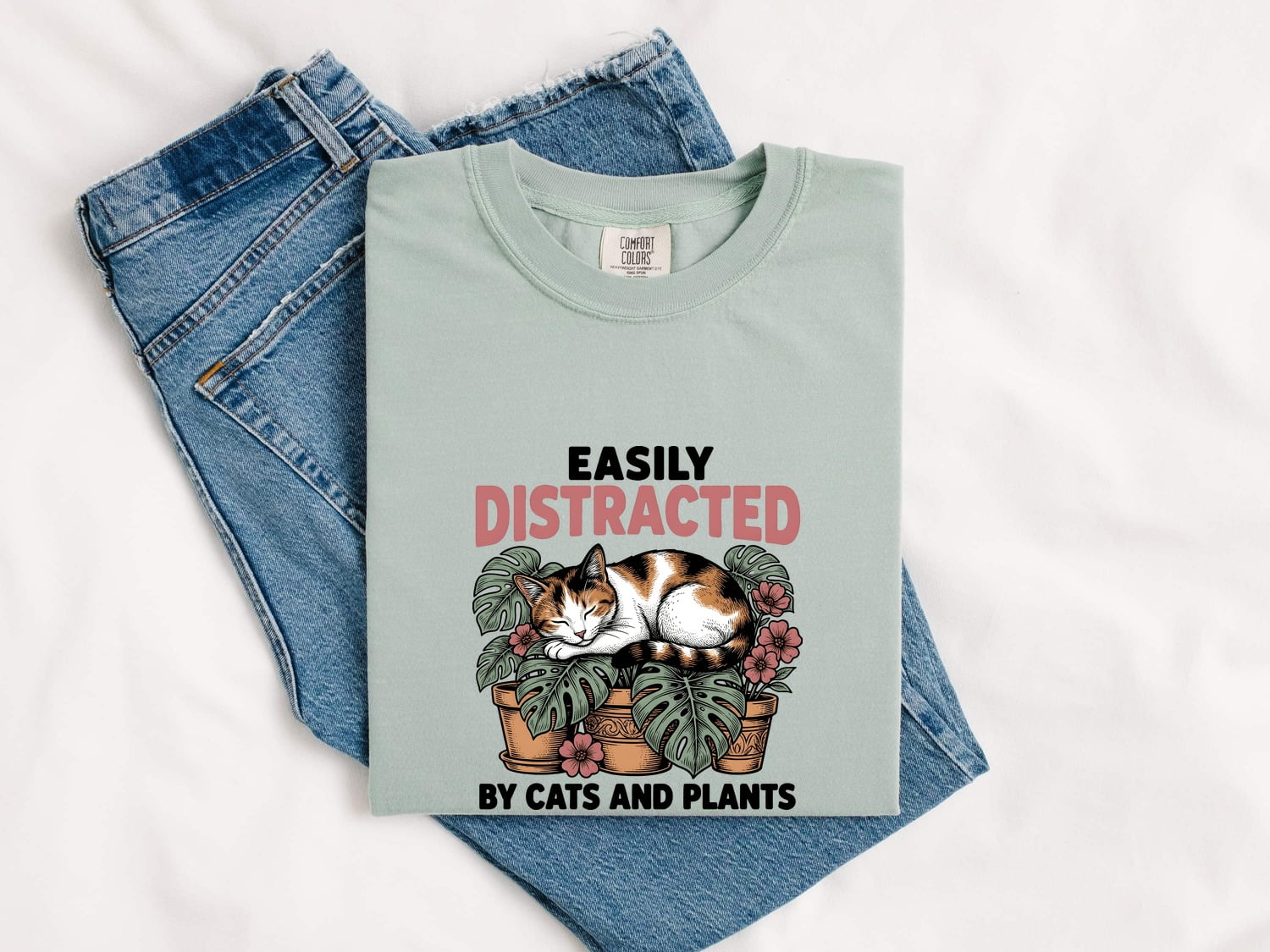 Dozing Cat Shirt Cat Landscaping Gift Women Antique Tee Kitten T-Shirt Cat Fan Feline Tshirt Garden Design Outline Palm Leaves Tshirt
