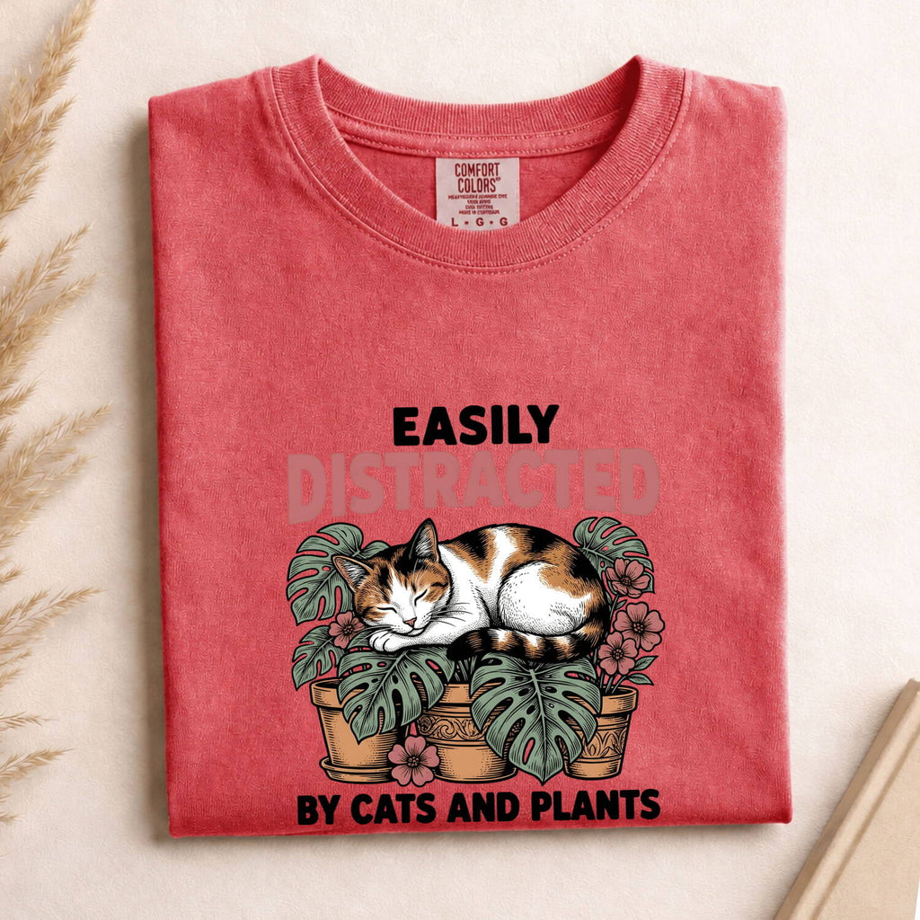 Dozing Cat Shirt Cat Landscaping Gift Women Antique Tee Kitten T-Shirt Cat Fan Feline Tshirt Garden Design Outline Palm Leaves Tshirt
