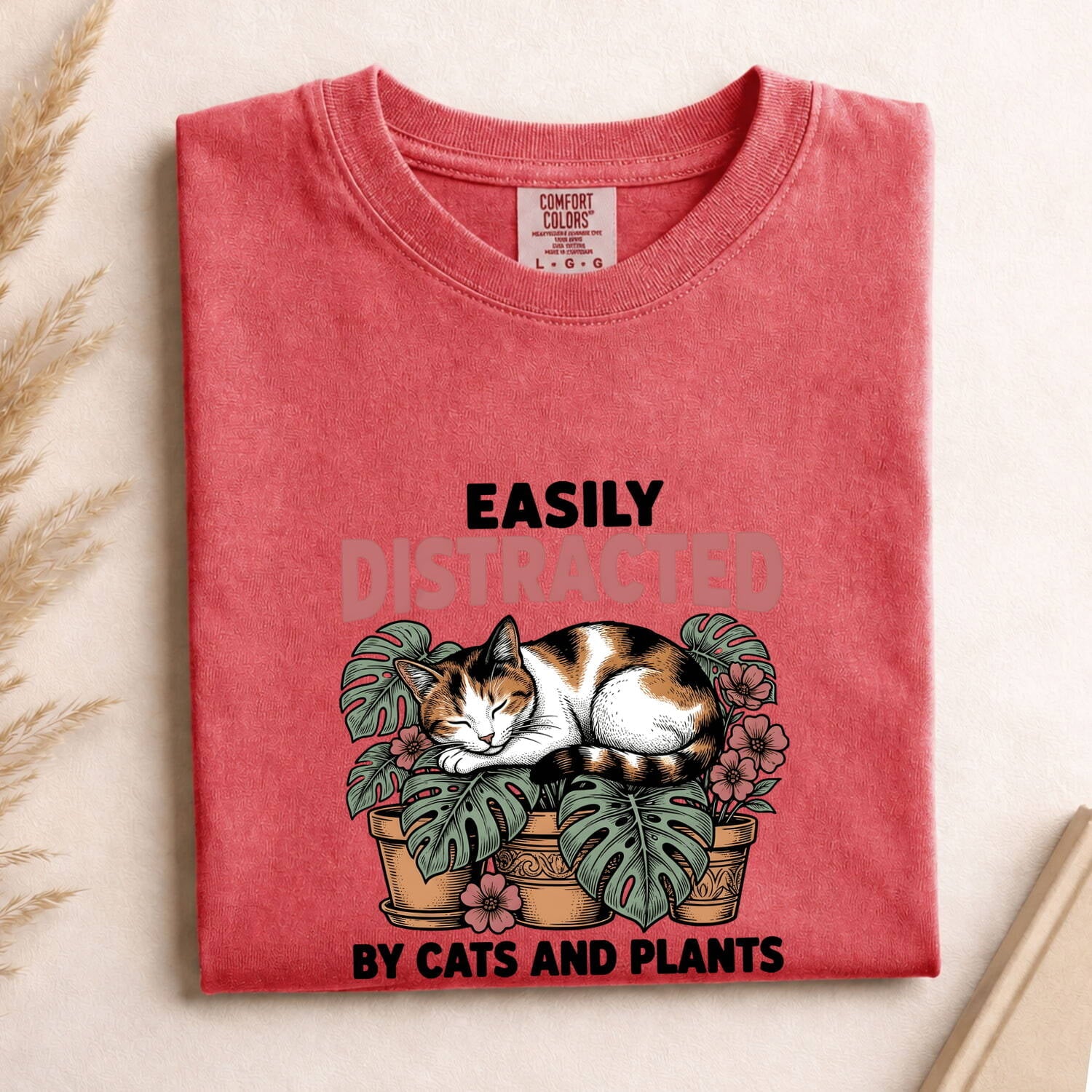 Dozing Cat Shirt Cat Landscaping Gift Women Antique Tee Kitten T-Shirt Cat Fan Feline Tshirt Garden Design Outline Palm Leaves Tshirt