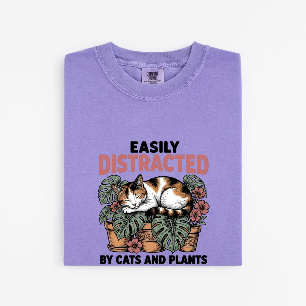 Dozing Cat Shirt Cat Landscaping Gift Women Antique Tee Kitten T-Shirt Cat Fan Feline Tshirt Garden Design Outline Palm Leaves Tshirt