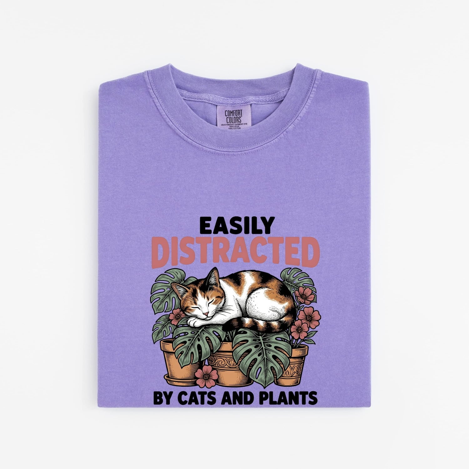 Dozing Cat Shirt Cat Landscaping Gift Women Antique Tee Kitten T-Shirt Cat Fan Feline Tshirt Garden Design Outline Palm Leaves Tshirt