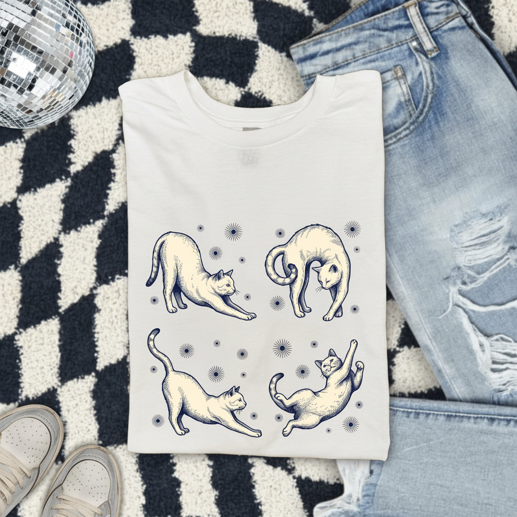 Cute Cats Shirt lifestyle flat lay on checkered rug with disco ball and jeans